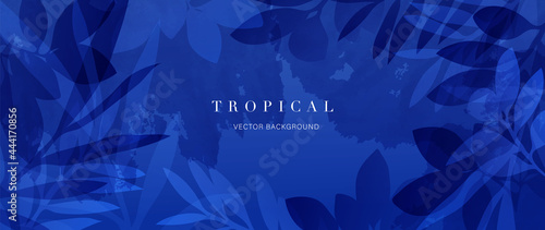 Abstract art gold tropical leaves background vector. Luxury wallpaper with watercolor, tropical leaf framed, palm leaf, flower,Vivid foliage, exotic green and gold brush glitter.