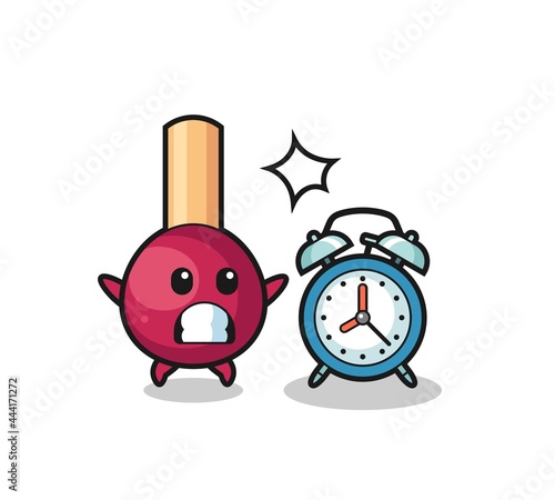 Cartoon Illustration of matches is surprised with a giant alarm clock