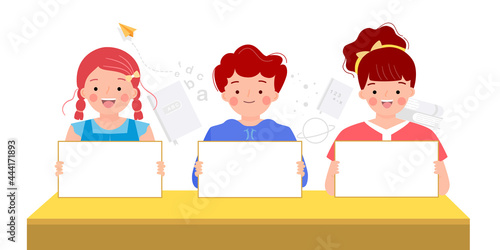 Happy children holding blank sign, boys and girls sitting by the desk in classroom with white cardboard. Homeschooling, learning and educational concept. Back to school. Flat vector illustration.