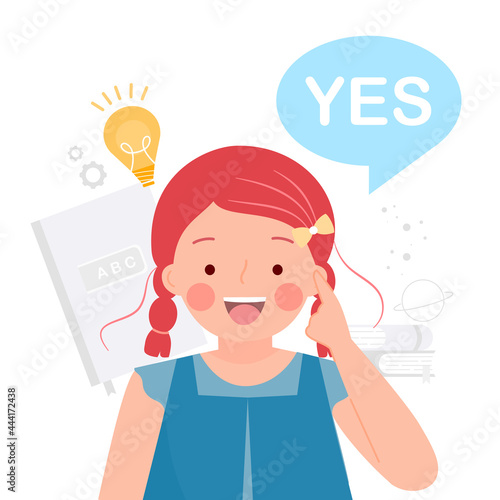 Girl pointing with thinking process. Get idea and study at school or homeschooling. Point finger at lightbulb. Creative learning. Flat vector illustration isolated on white background.