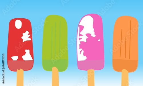 illustration of ice cream with different colors and flavors on a sky blue background.  summer