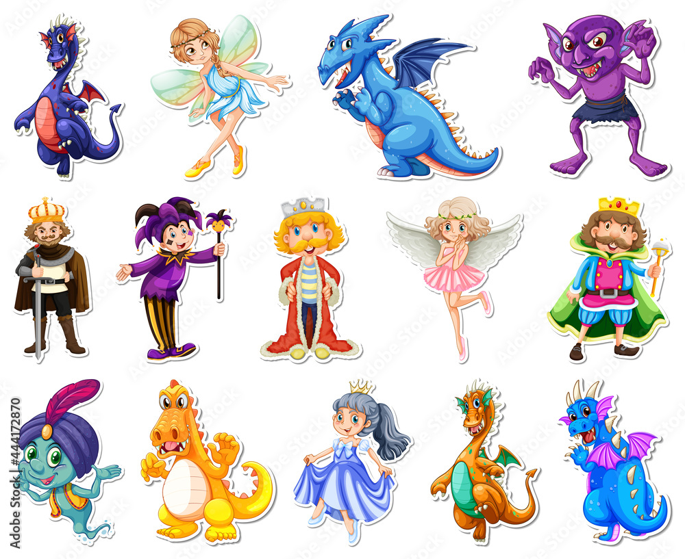 Sticker set with different fairytale cartoon characters Sticker set with different fairytale cartoon characters