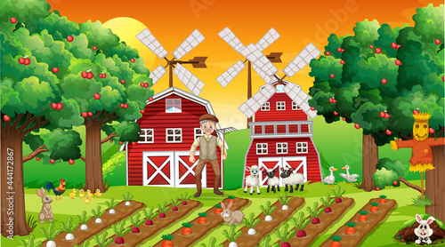 Farm scene at sunset with old farmer man and cute animals
