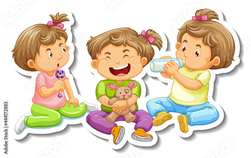 Sticker template with three baby girls cartoon character isolated