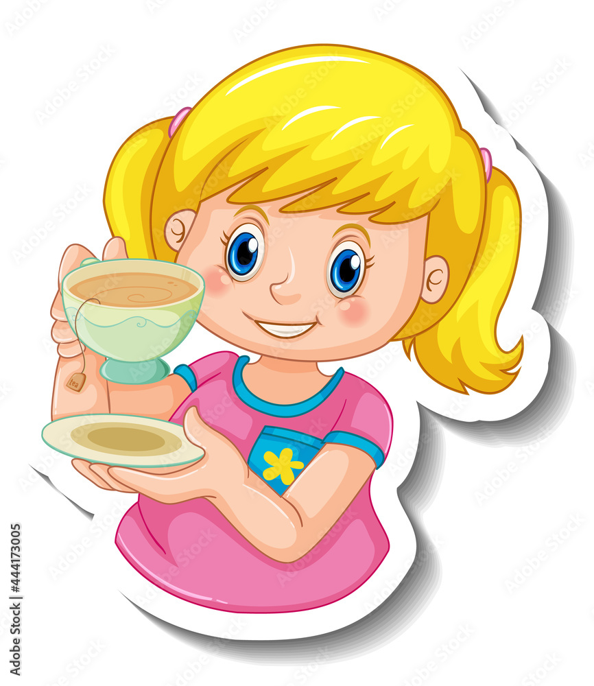 Sticker template with a girl holding a cup of tea isolated