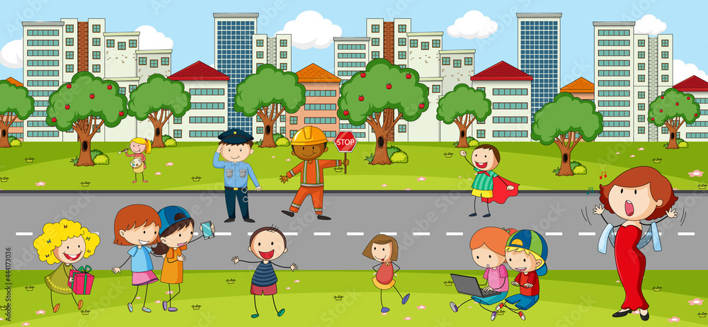 Obraz premium Outdoor scene with many kids playing in the park