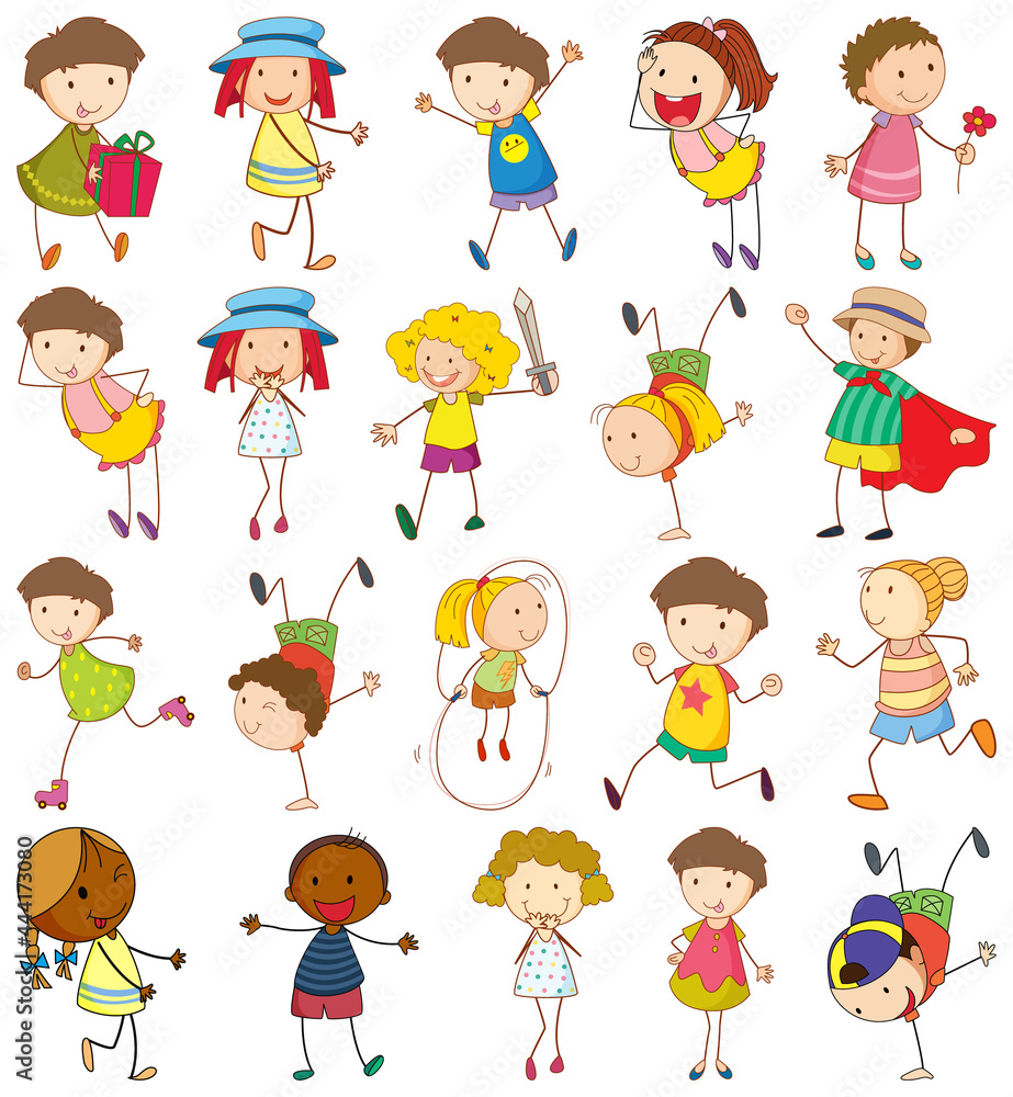 Set of different kids in doodle style Set of different kids in doodle style