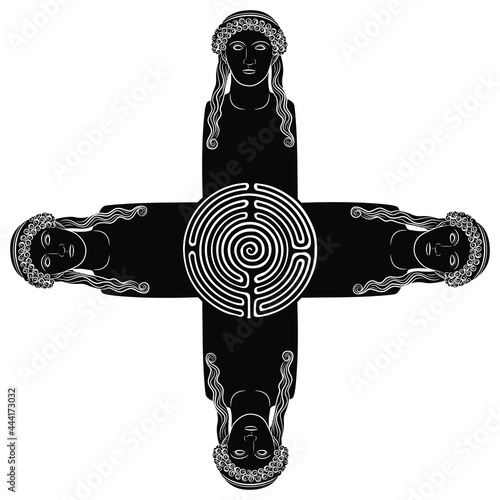 Square cross design with four busts of antique goddesses and a round spiral maze or labyrinth symbol. Creative concept.