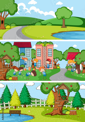 Set of different horizontal scenes background with doodle kids cartoon character