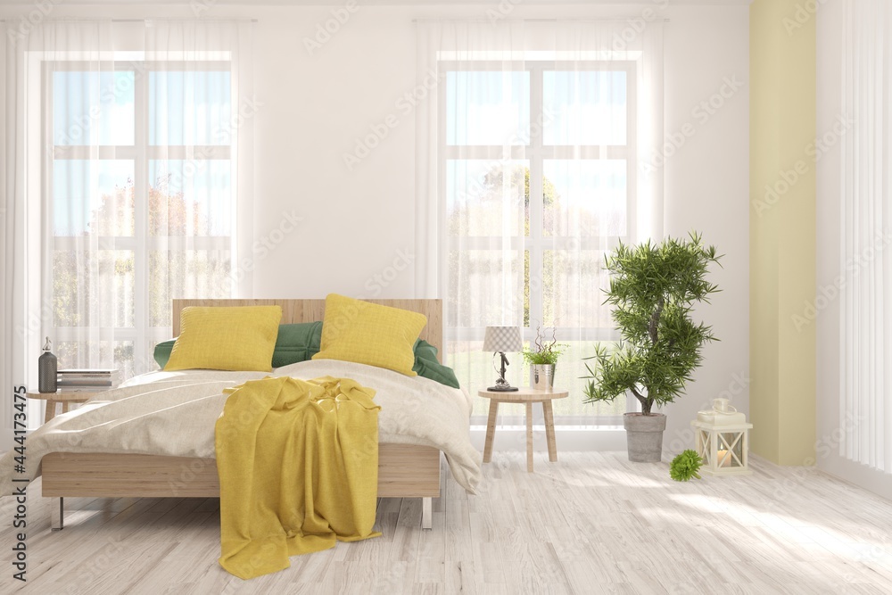 Obraz premium Soft color bedroom interior. Scandinavian design. 3D illustration