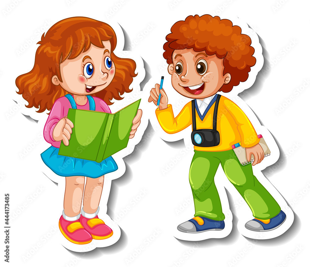 Sticker template with a couple kids cartoon character isolated Sticker template with a couple kids cartoon character isolated