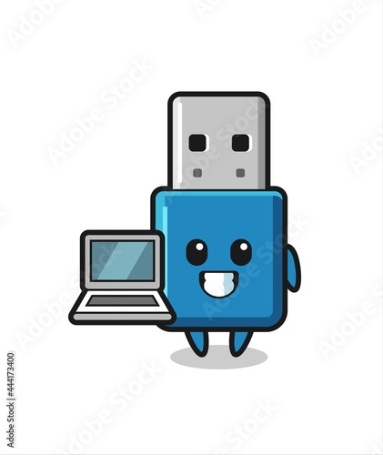 Mascot Illustration of flash drive usb with a laptop