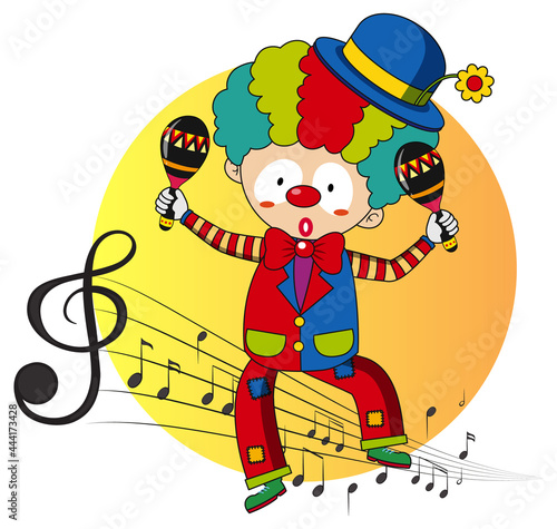 Cartoon character of a clown dances with musical melody symbols
