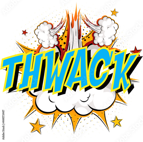Word Thwack on comic cloud explosion background