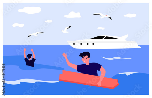 People shipwrecked flat vector illustration. Two men drowning in open sea, holding on to wooden board, yacht in background. Danger, risk, disaster, swimming, ocean, nature concept for banner design