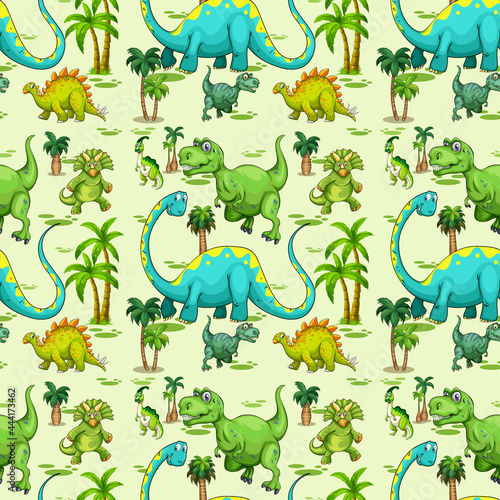 Seamless pattern with various dinosaurs and tree on green background