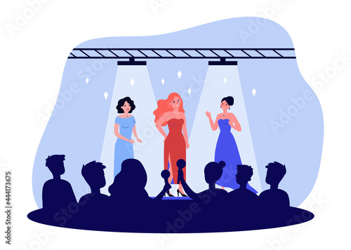 Celebrities performing on stage flat vector illustration. Popular women in chic outfits posing in front of crowd of journalists, fans. Concert, fashion show, public event, popularity concept