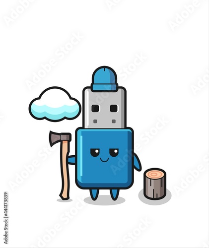 Character cartoon of flash drive usb as a woodcutter