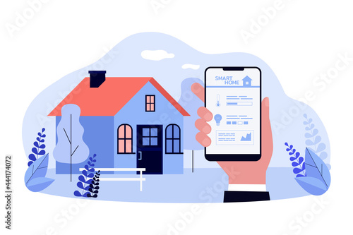 Remote control of smart home flat vector illustration. Hand holding smartphone with app for controlling smart home functions on screen. Technology, Internet, home, IoT concept for banner design