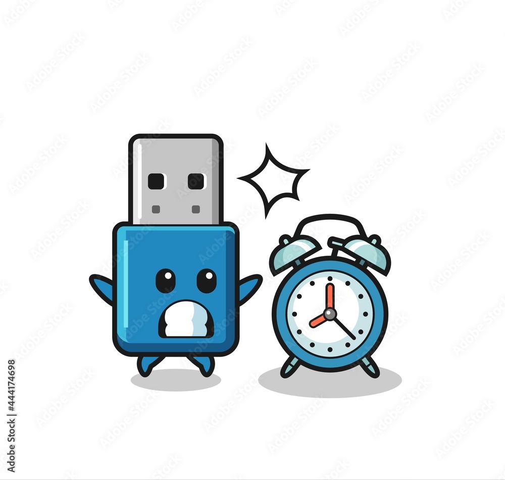 Fototapeta premium Cartoon Illustration of flash drive usb is surprised with a giant alarm clock