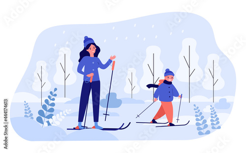 Mom and daughter skiing together. Flat vector illustration. Woman, little girl in winter clothes skiing under snow, enjoying company of each other. Family, winter holidays, sport, childhood concept