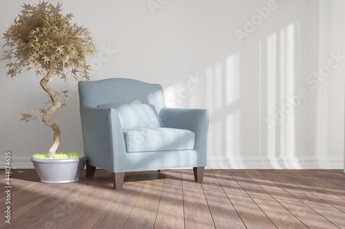 modern room with armchair and plant in pot interior design. 3D illustration