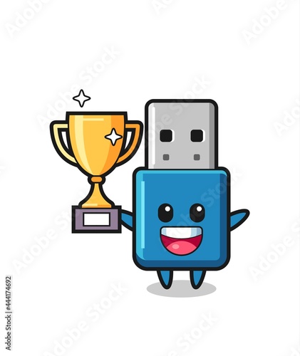 Cartoon Illustration of flash drive usb is happy holding up the golden trophy