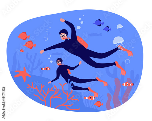 People going diving together flat vector illustration. Man and woman exploring fish, algae, corals, jellyfish and entire underwater world. Ocean, nature, travel, extreme, swimming, animal concept