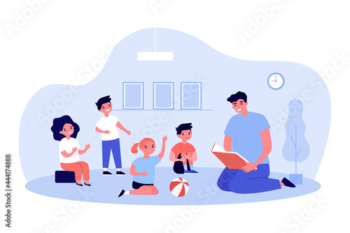 Teacher reading book to group of children. Flat vector illustration. Kids sitting on floor and listening to story, asking questions to man. Kindergarten, elementary school, reading, fairytale concept