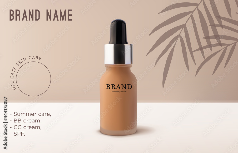 Mockup realistic 3d tube makeup foundation cream on beige background with tropical coconut palm tree leaves shadow. Template beauty cosmetic product, branding and packaging presentation vector design