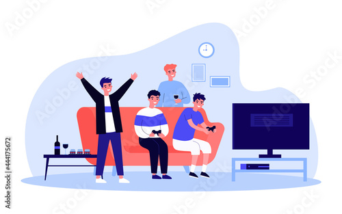 Group of male friends relaxing together in front of TV. Flat vector illustration. Men drinking wine, sitting on couch, playing console. Home, party, leisure, friendship, family concept