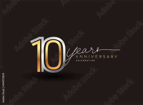 10th years anniversary logotype with multiple line silver and golden color isolated on black background for celebration event.