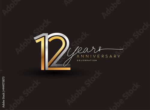 12th years anniversary logotype with multiple line silver and golden color isolated on black background for celebration event.