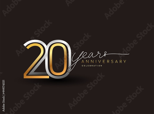 20th years anniversary logotype with multiple line silver and golden color isolated on black background for celebration event.