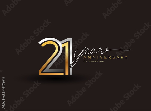 21st years anniversary logotype with multiple line silver and golden color isolated on black background for celebration event.