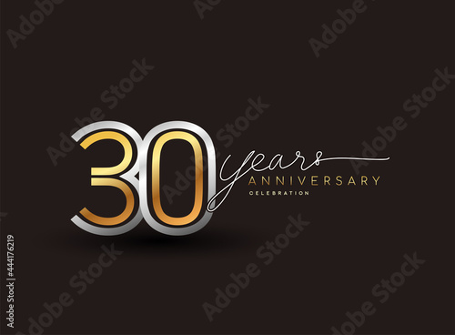 30th years anniversary logotype with multiple line silver and golden color isolated on black background for celebration event.