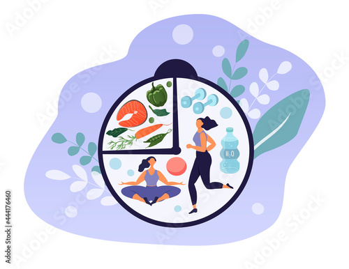 vector illustration on the topic of intermittent fasting, weight loss, proper nutrition. watch face with products and activities for the sport. trend illustration in flat style