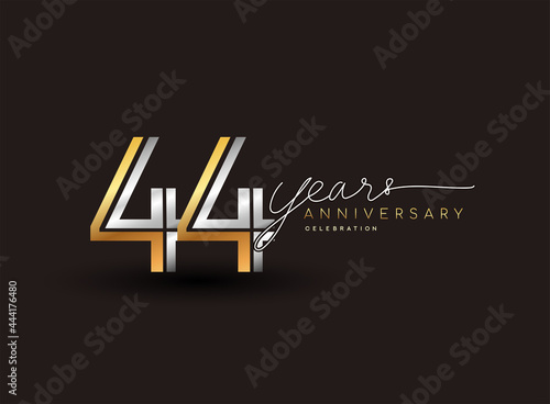 44th years anniversary logotype with multiple line silver and golden color isolated on black background for celebration event.