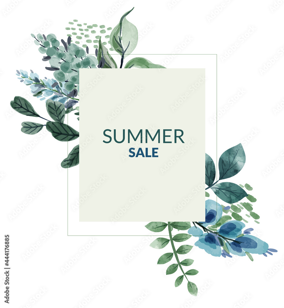 Summer Sale banner with blue and greenish flowers