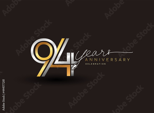 94th years anniversary logotype with multiple line silver and golden color isolated on black background for celebration event.