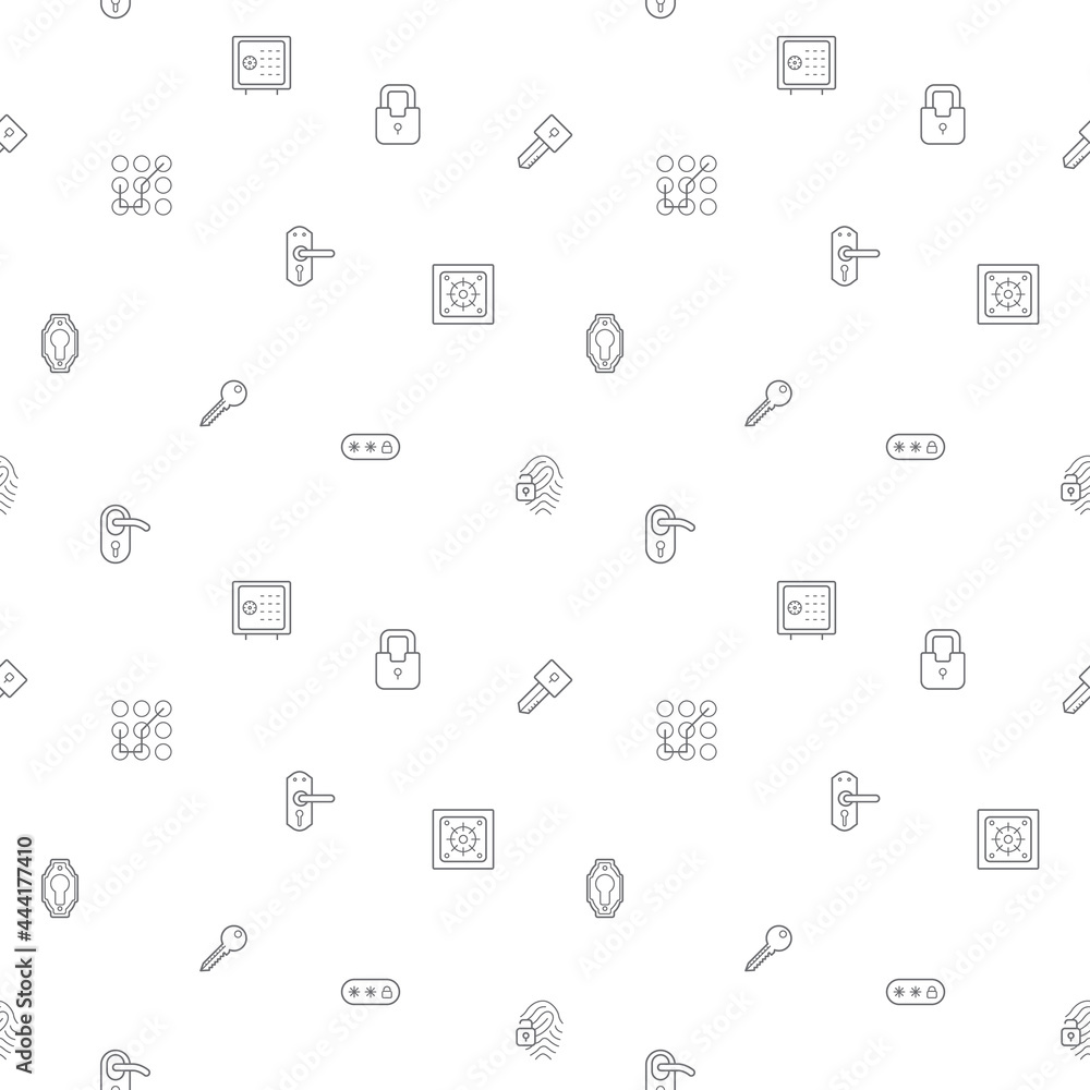 Seamless pattern with Key and Lock icon on white background. Included the icons door handle, knob, keyhole, safety, entrance, closed, protection, private, security and other. Seamless pattern with Key and Lock icon on white background. Included the icons door handle, knob, keyhole, safety, entrance, closed, protection, private, security and other.