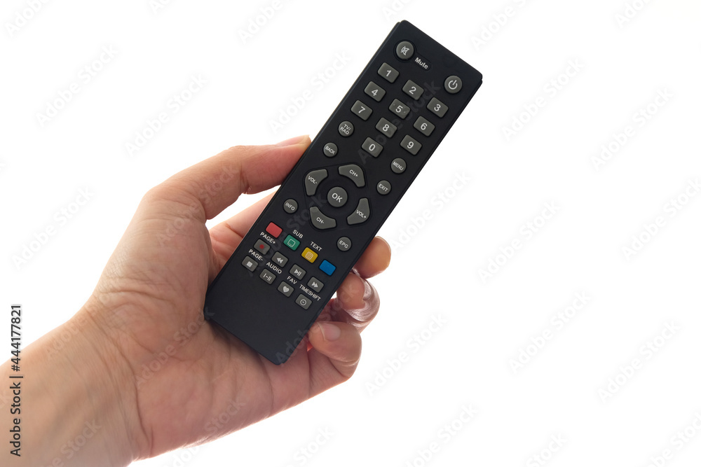 Man holding the remote control and operate the remote control. on the White Background . Concept of Technology Man holding the remote control and operate the remote control. on the White Background . Concept of Technology