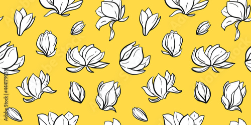 Bright vector seamless pattern with graphic image of white magnolia flowers on mustard yellow  background
