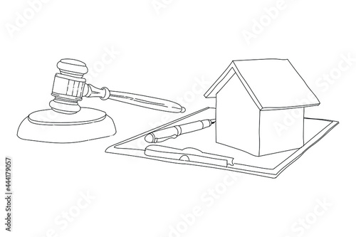 Hammer of judge and house in sketch form, Illustration of property dispute with legal settlement in court