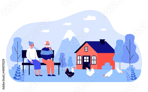 Grandfather and grandmother sitting on bench in backyard. Flat vector illustration. Elderly couple looking at hens grazing on grass. Nature, household, retirement, family, village concept