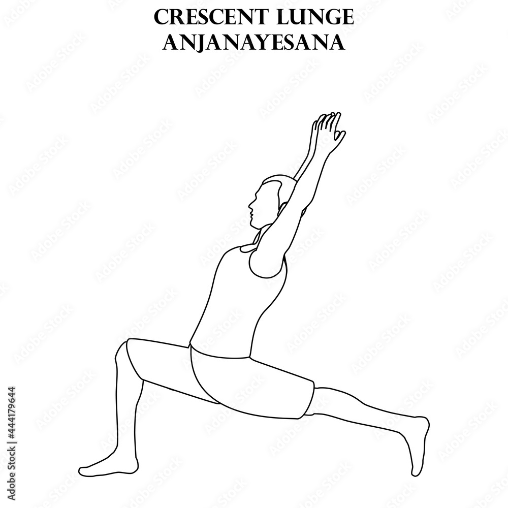 Crescent lunge yoga workout. Anjanayesana. Man doing yoga illustration outline Crescent lunge yoga workout. Anjanayesana. Man doing yoga illustration outline