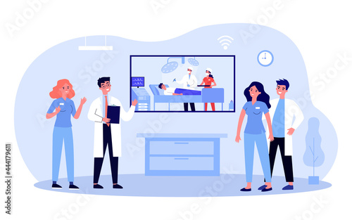 Medical staff watching video of operation. Flat vector illustration. Doctors and nurses watching live broadcast of operation. Education, modern technology, medicine, hospital, treatment concept