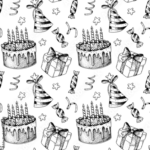  Hand drawn birthday seamless pattern. Vector illustration in sketch style