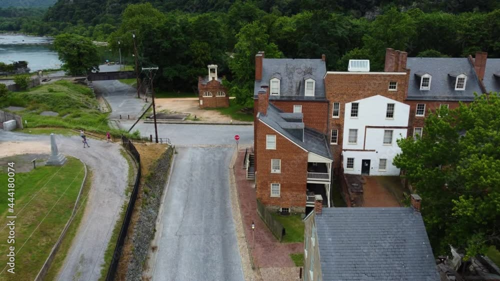 Harper's Ferry, West Virginia, site of John Brown's raid to fight slavery. Surrounded by the Shenandoah River and Potomac river. Aerial drone. Harper's Ferry, West Virginia, site of John Brown's raid to fight slavery. Surrounded by the Shenandoah River and Potomac river. Aerial drone.