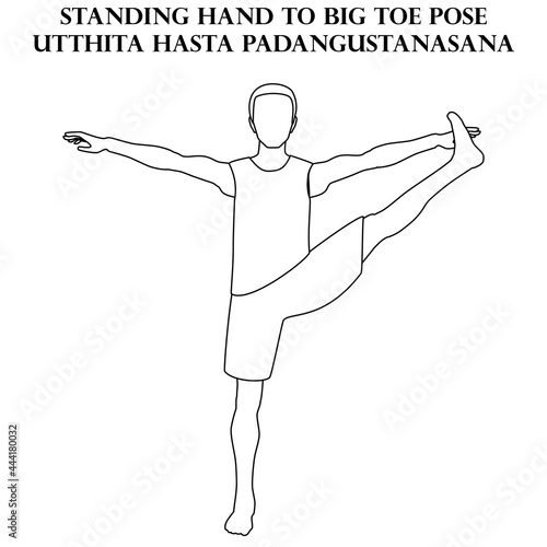 Standing hand to big toe pose yoga workout. Utthita Hasta Padangustanasana. Man doing yoga illustration outline